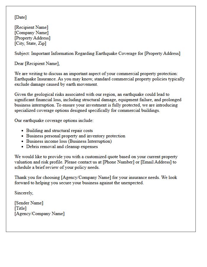 Commercial Property Earthquake Coverage Introduction Letter