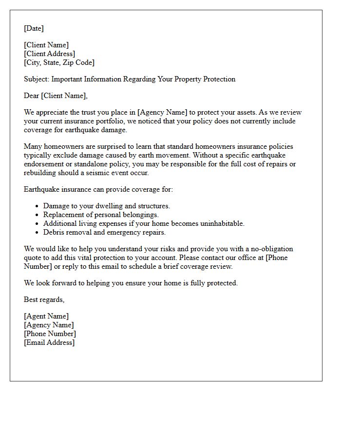 Existing Client Earthquake Coverage Introduction Letter