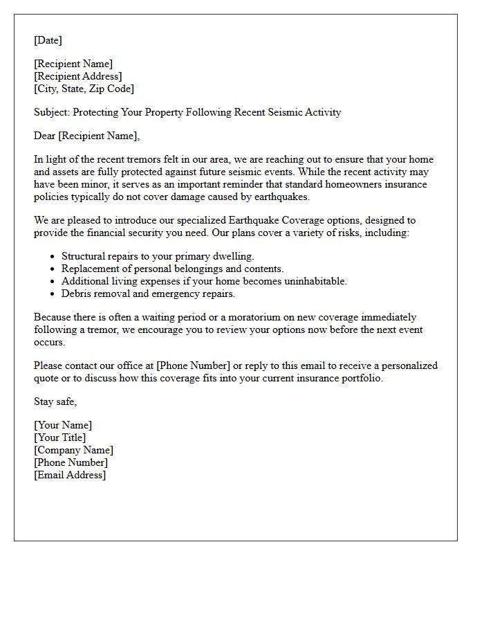 Post-Tremor Earthquake Coverage Introduction Letter