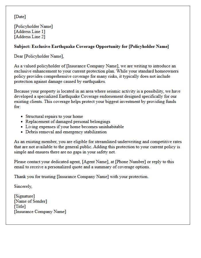 Exclusive Policyholder Earthquake Coverage Introduction Letter