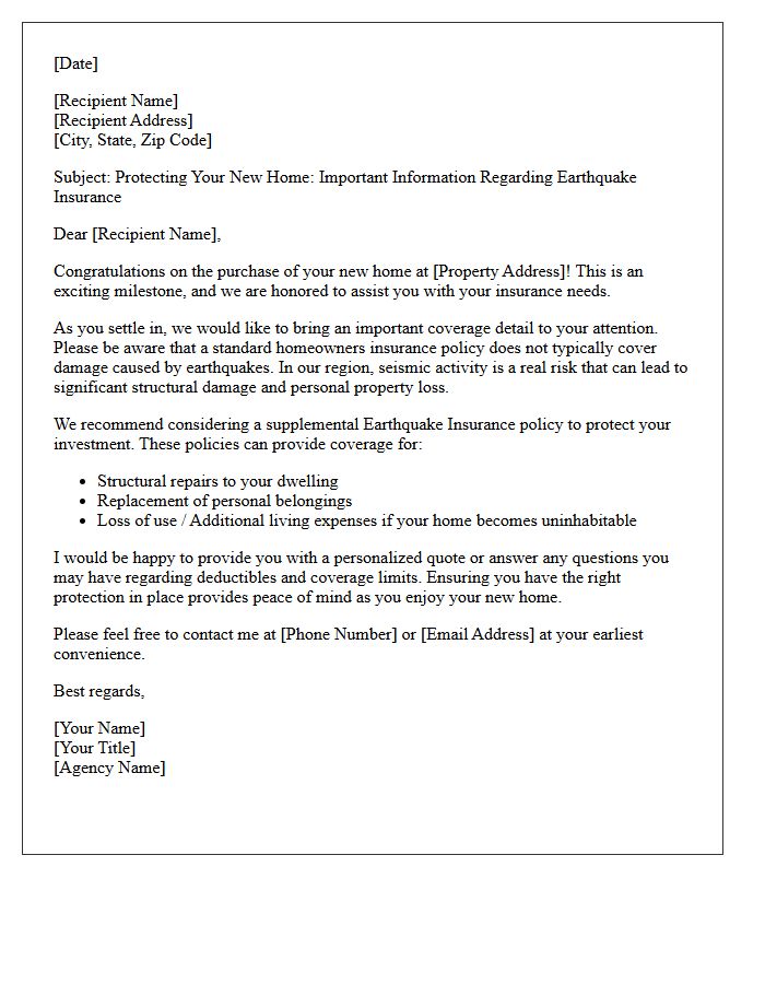 New Homebuyer Earthquake Coverage Introduction Letter