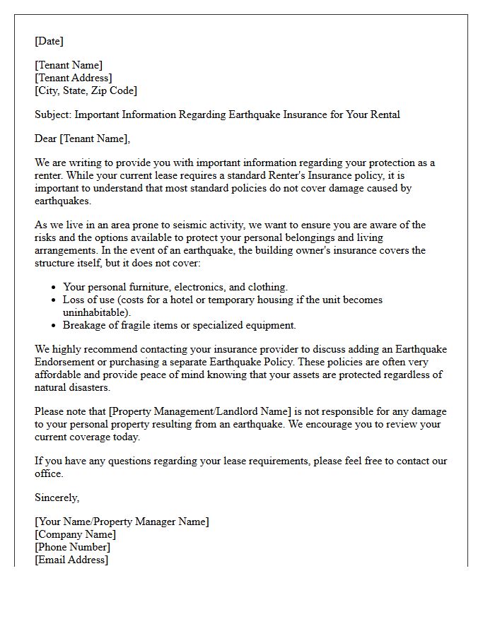 Tenant and Renter Earthquake Coverage Introduction Letter