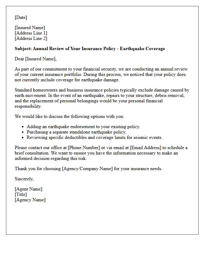 Annual Policy Review Earthquake Coverage Introduction Letter