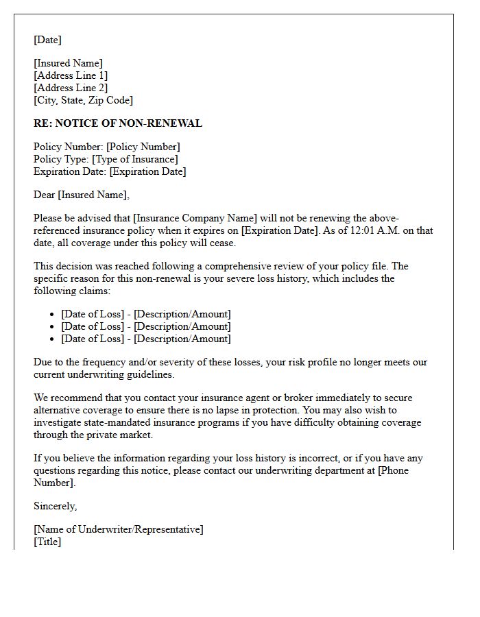 Notice of Non-Renewal Letter Due to Severe Loss History