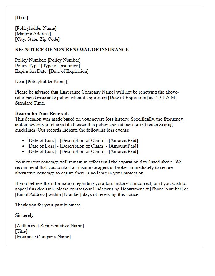 Severe Loss History Non-Renewal Notification Letter