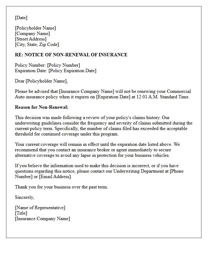 Commercial Auto Policy Non-Renewal Letter for Excessive Claims