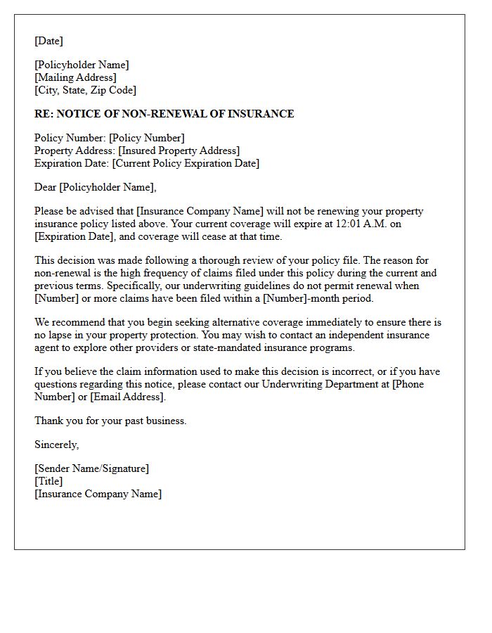 Property Insurance Non-Renewal Letter Due to High Claim Frequency