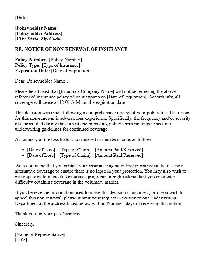 Official Letter of Policy Non-Renewal Due to Adverse Loss Experience
