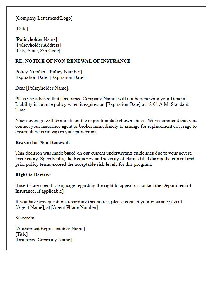 General Liability Non-Renewal Letter for Severe Loss History