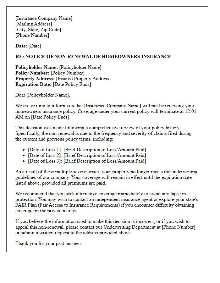Homeowners Insurance Non-Renewal Letter Following Multiple Severe Losses