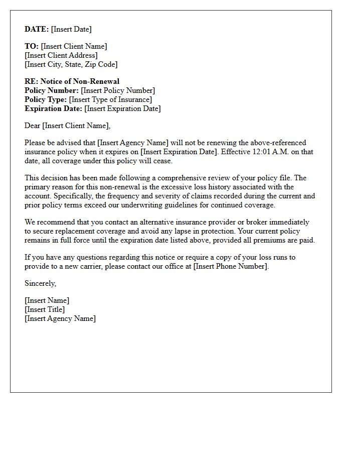 Formal Agency Non-Renewal Letter Due to Excessive Loss History