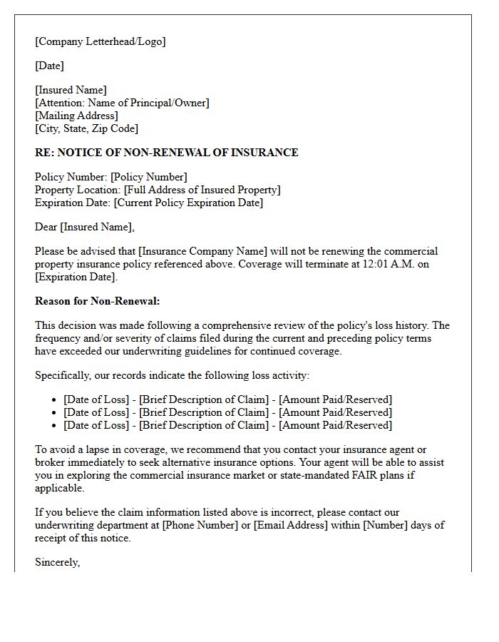 Commercial Property Non-Renewal Letter Due to Severe Loss History