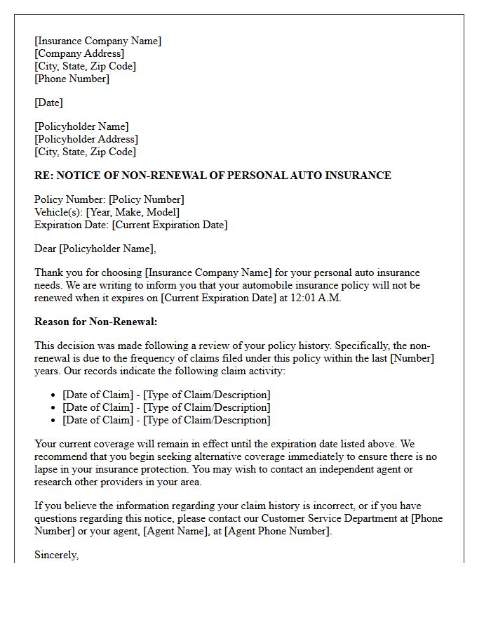 Personal Auto Insurance Non-Renewal Letter for High Claim Volume