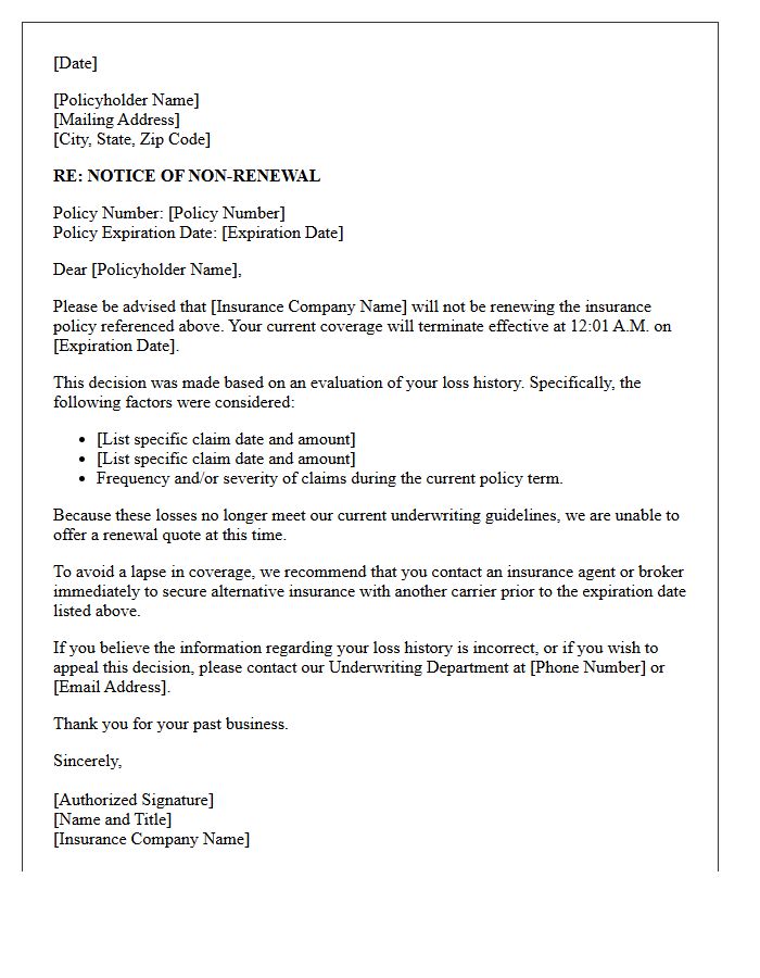Standard Notice of Non-Renewal Letter for Unacceptable Loss History