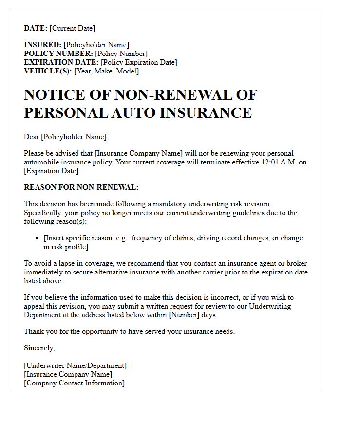 Personal Auto Underwriting Risk Revision Non-Renewal Letter