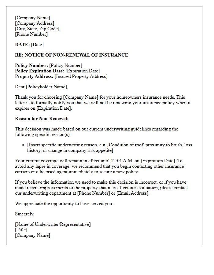 Homeowners Insurance Underwriting Guideline Non-Renewal Letter