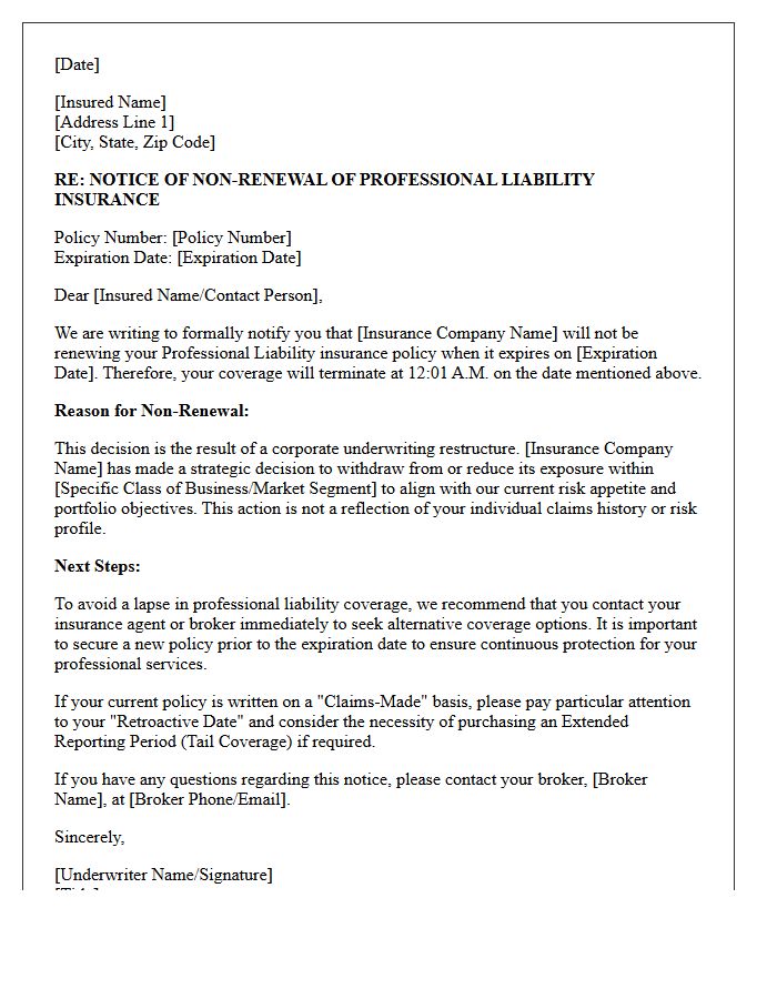 Professional Liability Underwriting Restructure Non-Renewal Letter