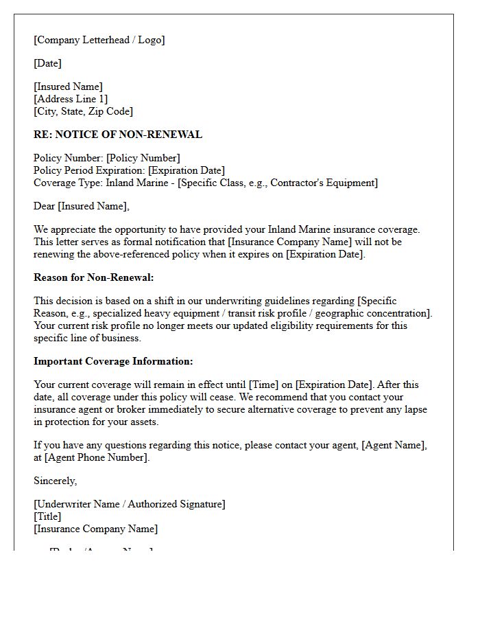 Inland Marine Underwriting Guideline Shift Non-Renewal Letter