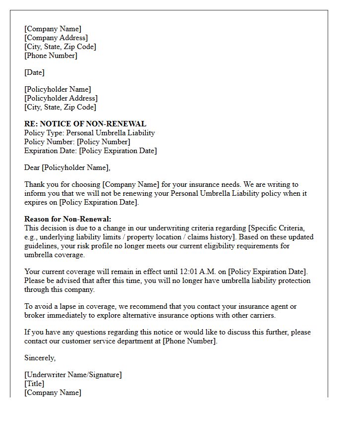 Umbrella Policy Underwriting Criteria Change Non-Renewal Letter