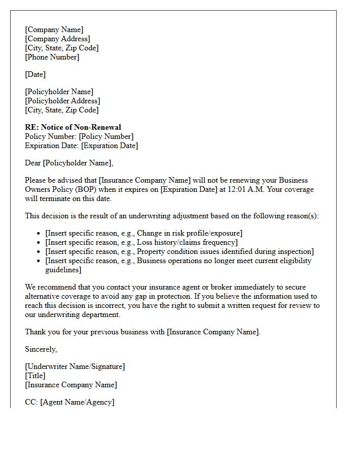 Business Owners Policy Underwriting Adjustment Non-Renewal Letter