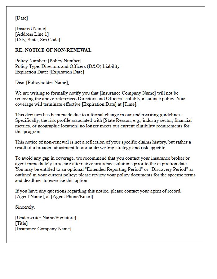 Directors and Officers Underwriting Guideline Change Non-Renewal Letter