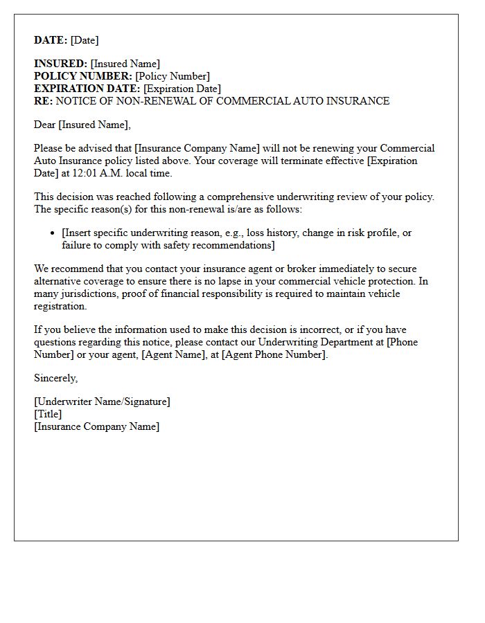 Commercial Auto Insurance Underwriting Modification Non-Renewal Letter