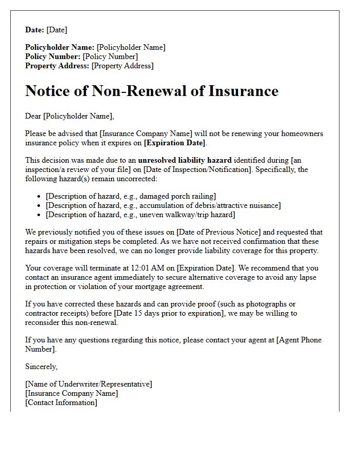 Unresolved Liability Hazard Insurance Non-Renewal Letter