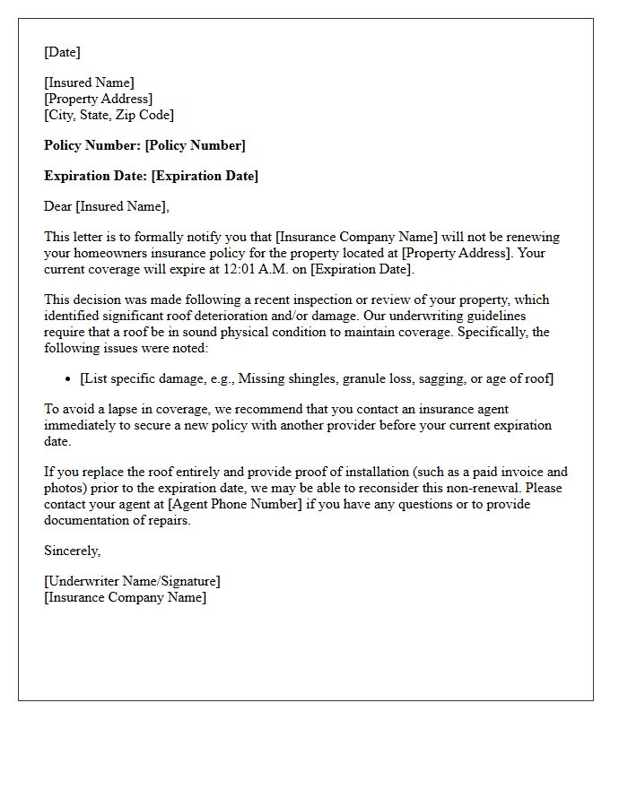Roof Deterioration and Damage Non-Renewal Letter