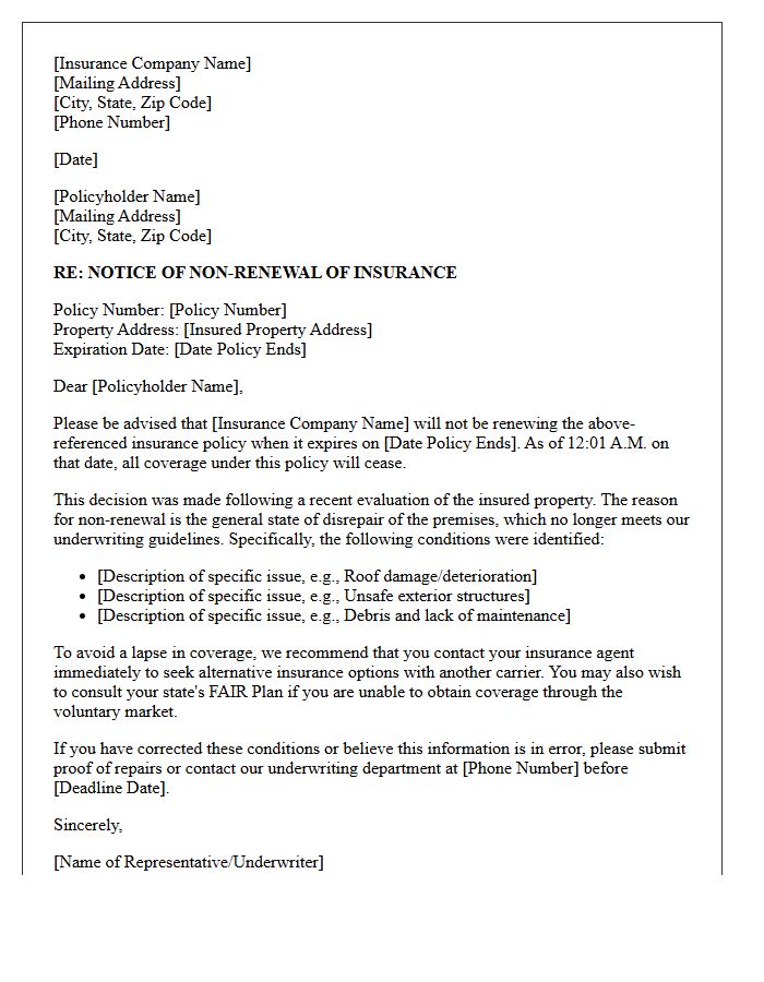 General State of Disrepair Insurance Non-Renewal Letter