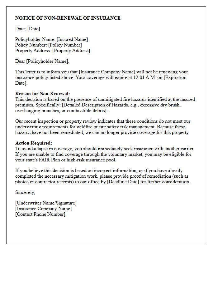Unmitigated Fire Hazard Policy Non-Renewal Letter