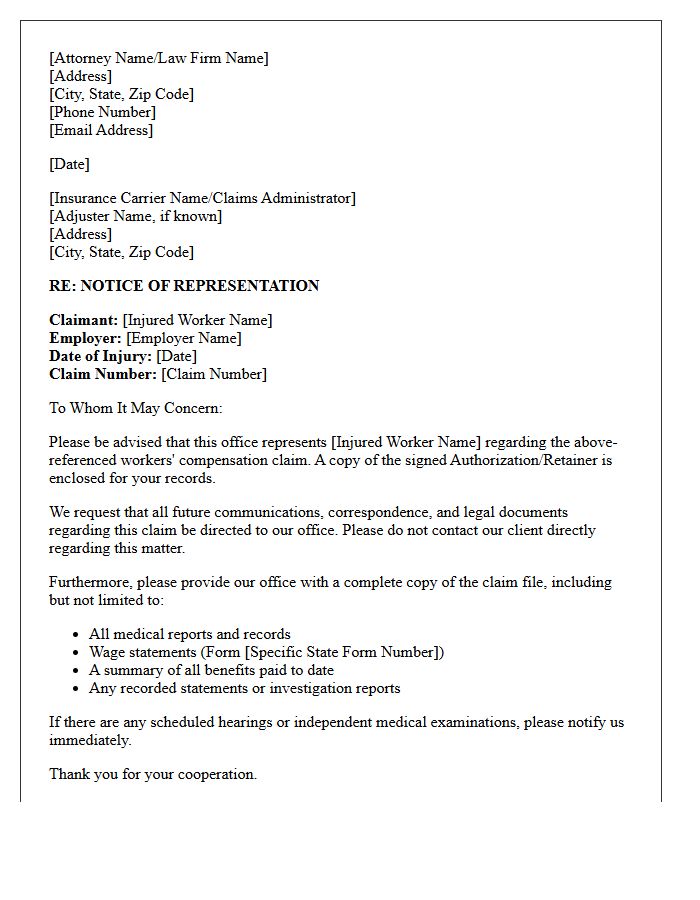 Workers Compensation Notice of Representation Letter