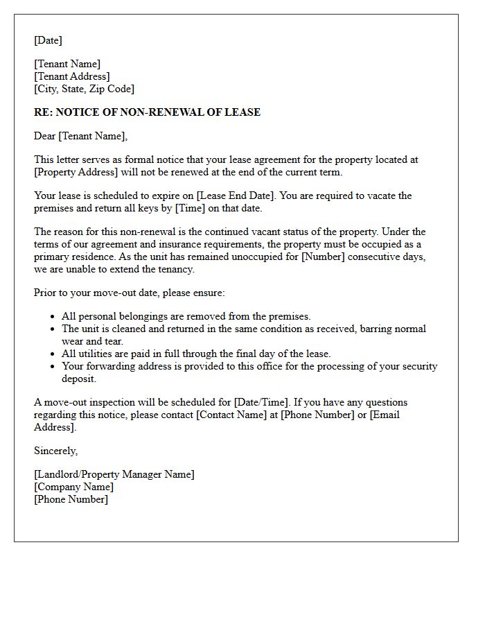 Notice of Non-Renewal Due to Vacant Property Status Letter