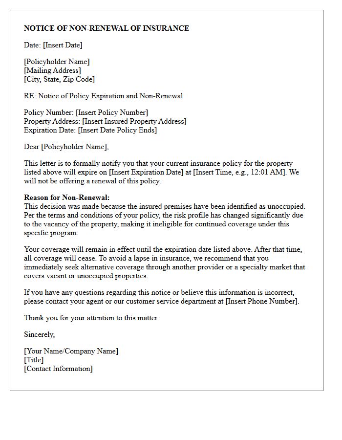 Policy Expiration and Non-Renewal Letter Due to Unoccupied Premises