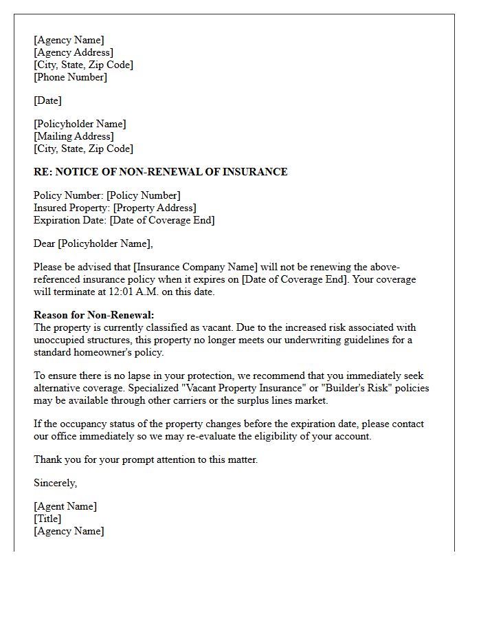 Official Insurance Agency Non-Renewal Letter for Vacant Property