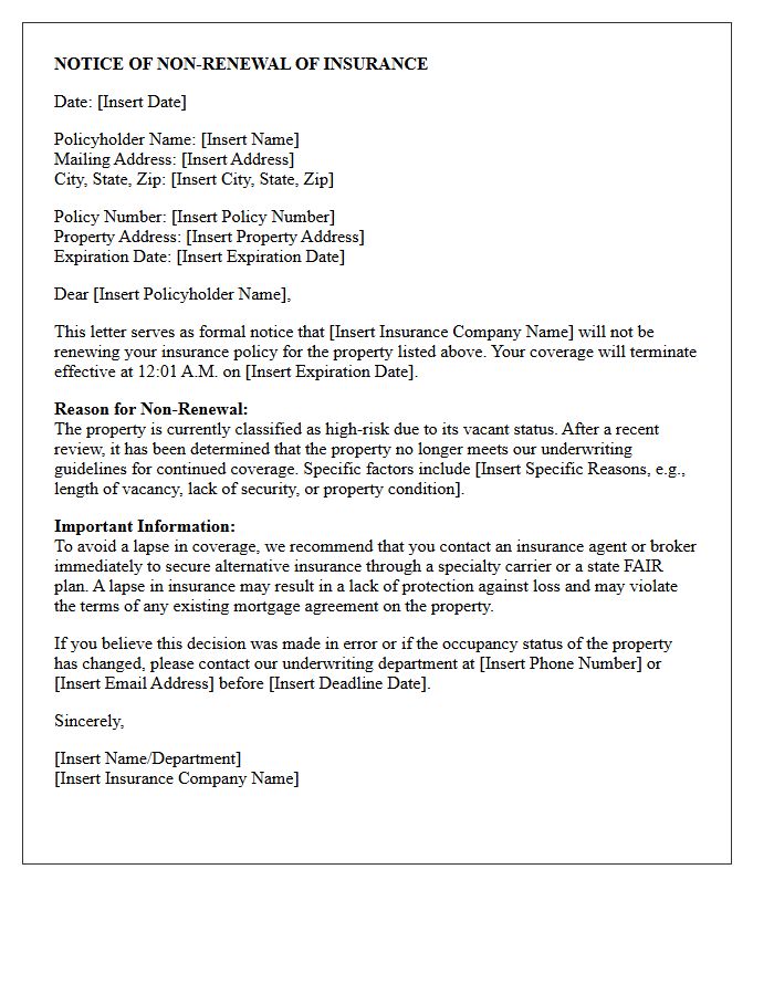 High-Risk Vacant Property Policy Non-Renewal Letter