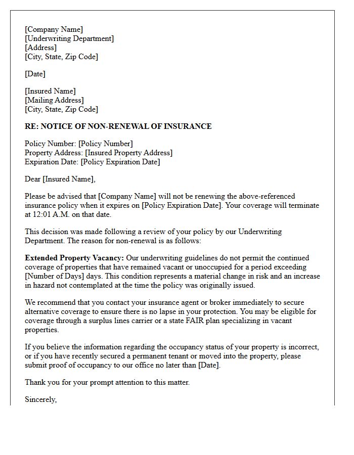 Underwriting Department Non-Renewal Letter for Extended Property Vacancy