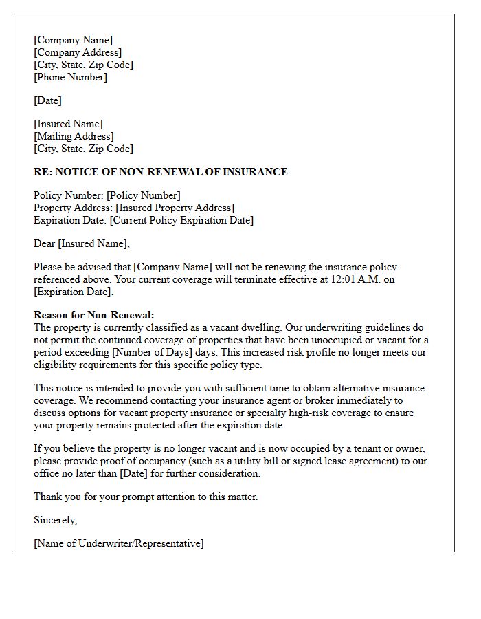 Standard Vacant Dwelling Non-Renewal Determination Letter