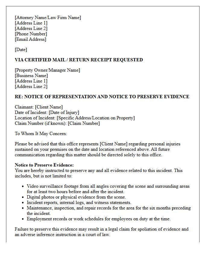 Premises Liability Notice of Representation Letter