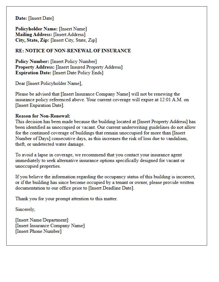 Unoccupied Building Status Policy Non-Renewal Letter