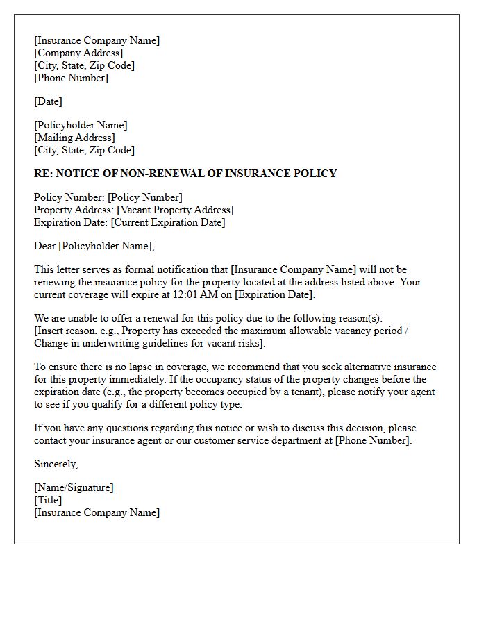 Vacant Rental Property Insurance Non-Renewal Letter