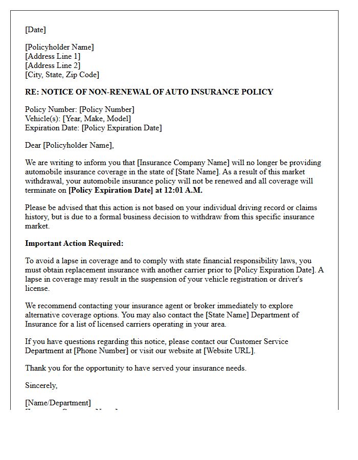 Auto Insurance Carrier Market Withdrawal and Non-Renewal Notice Letter