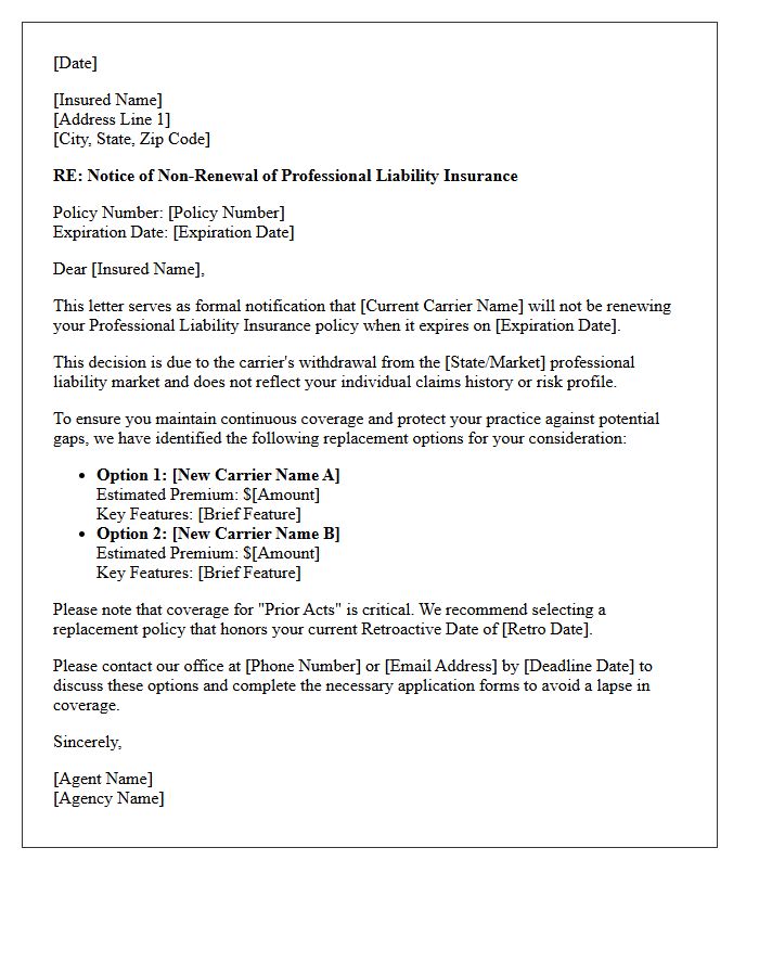 Professional Liability Carrier Withdrawal Non-Renewal Letter With Replacement Options