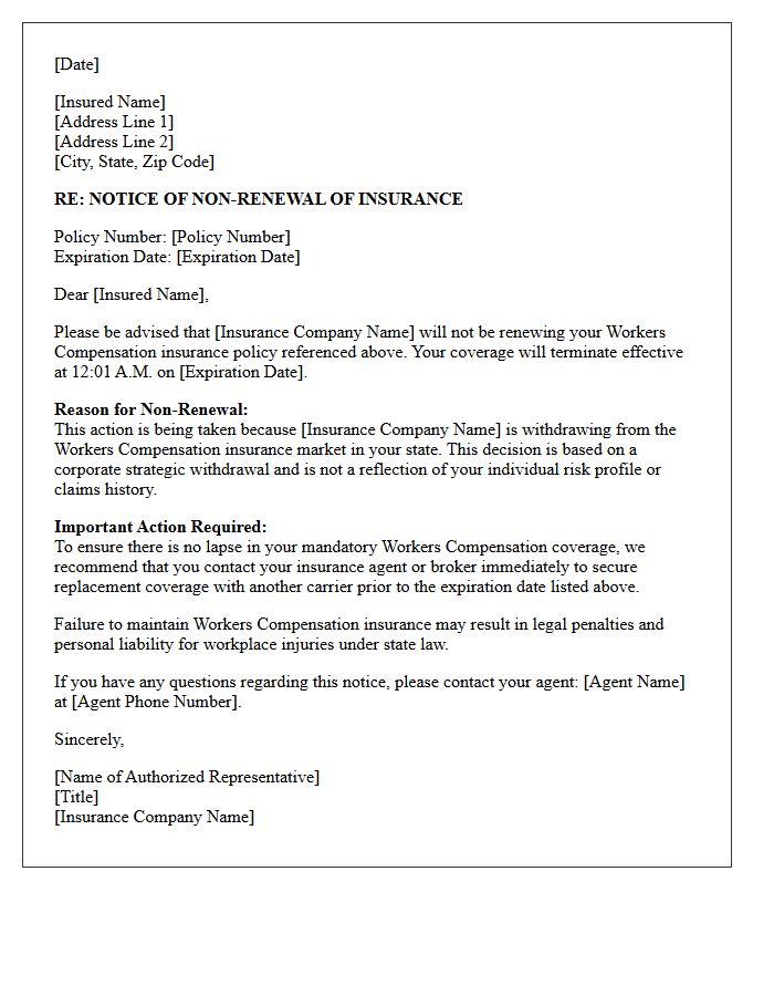 Workers Compensation Insurance Carrier Market Exit Non-Renewal Letter