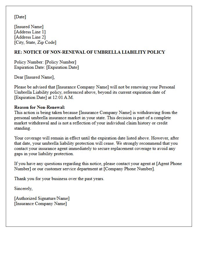 Umbrella Policy Non-Renewal Notice Due to Carrier Complete Market Withdrawal Letter