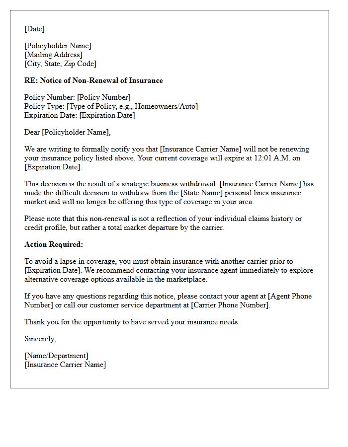 Personal Lines Carrier Market Departure and Coverage Non-Renewal Letter