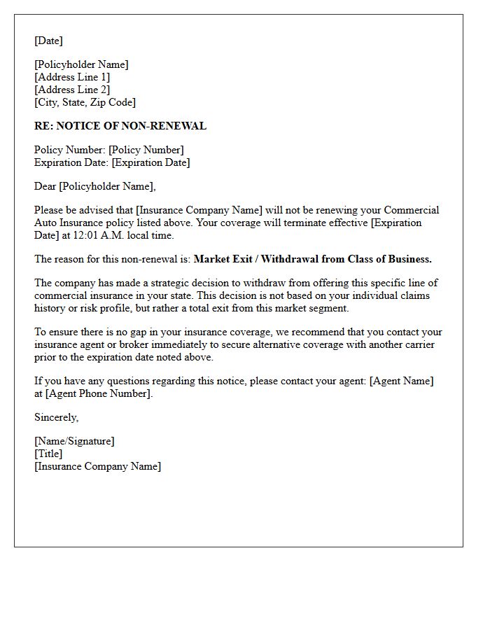 Commercial Auto Insurance Carrier Exit Non-Renewal Letter
