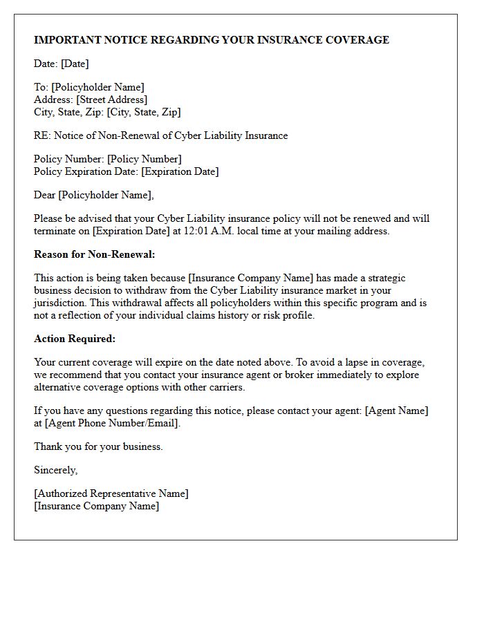 Cyber Liability Market Withdrawal Notice of Non-Renewal Letter