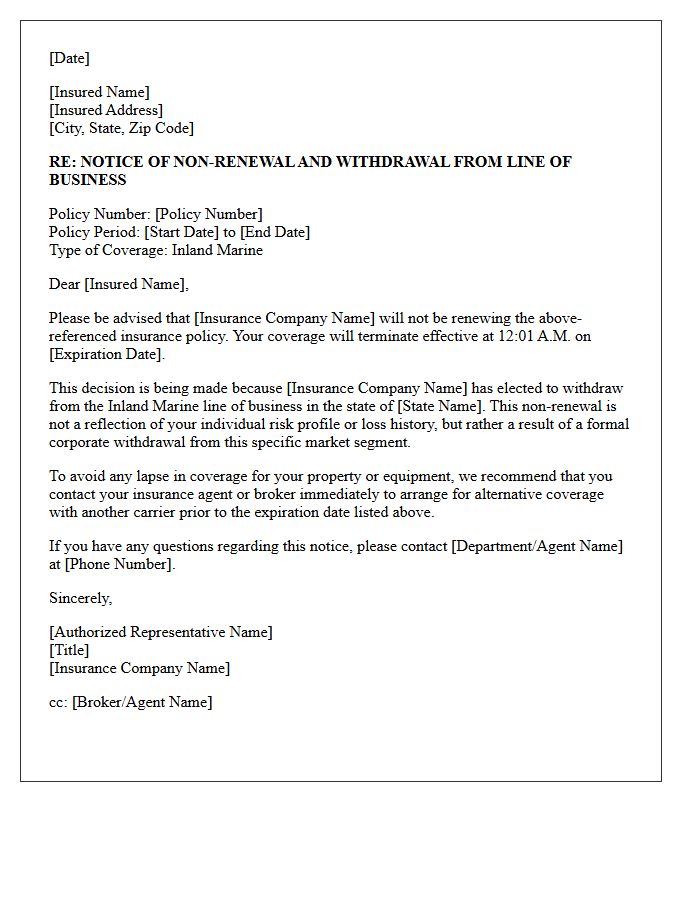 Inland Marine Carrier Withdrawal and Policy Non-Renewal Letter