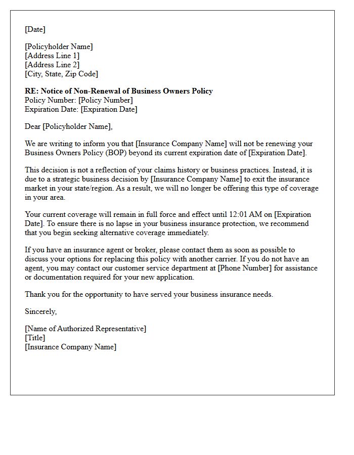Business Owners Policy Non-Renewal Due to Carrier Market Exit Letter