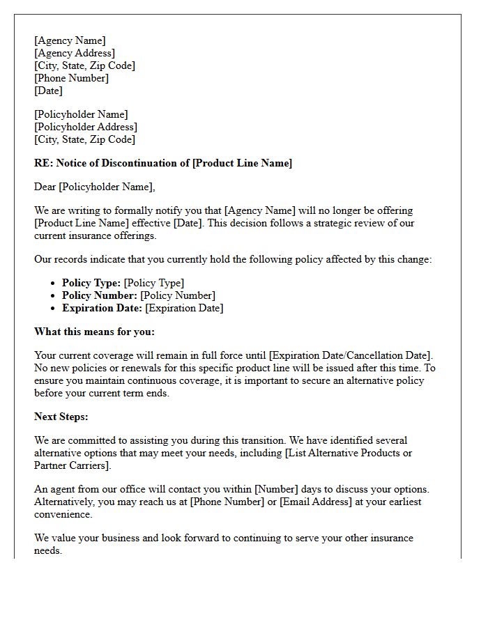 Insurance Agency Product Line Discontinuation Letter